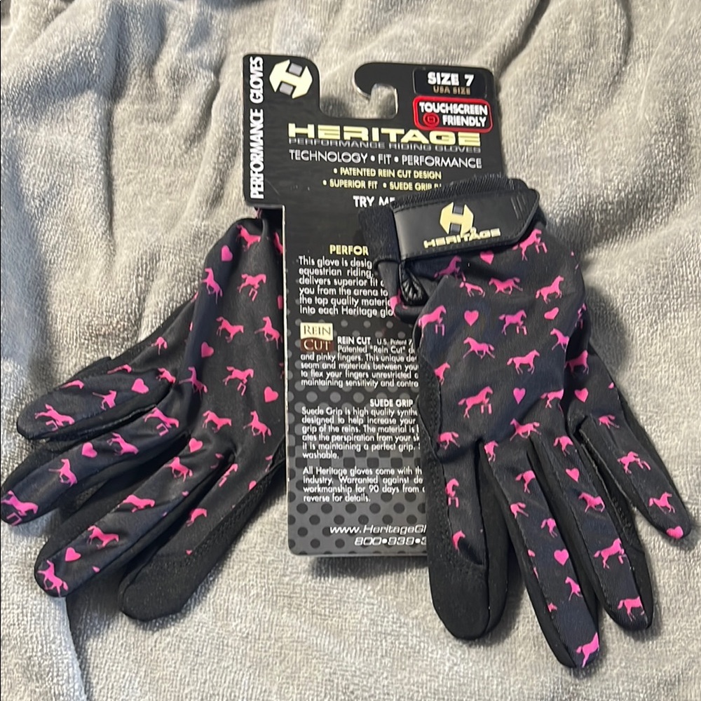 Heritage Black Gloves with Pink Horse Design